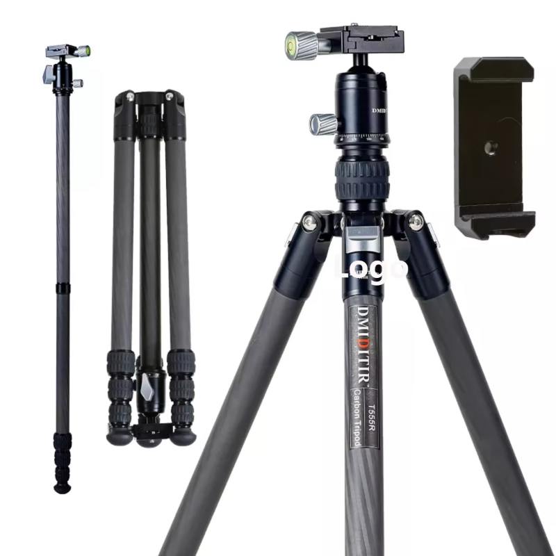 Carbon Fiber Foot Tube Aluminum Alloy Camera Pan Professional Video Camera Mount Leg Adjustable Stand with Flexible Head T555R