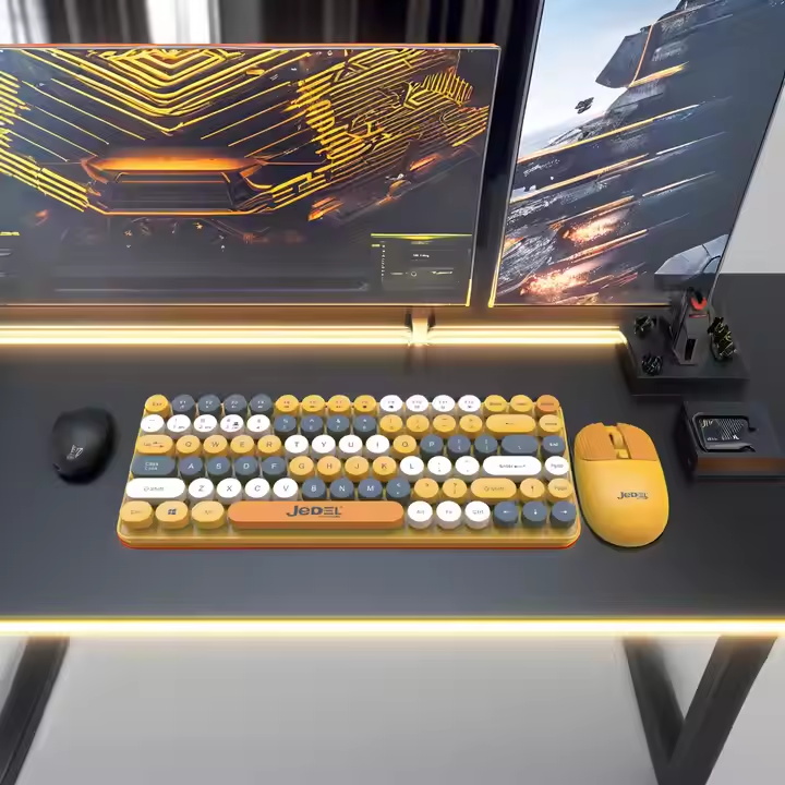 Cute round Mini Wireless Bluetooth Keyboard Mouse Combos Milk Tea Multiple Colors Slim Office Keyboard for Girls Computer Users