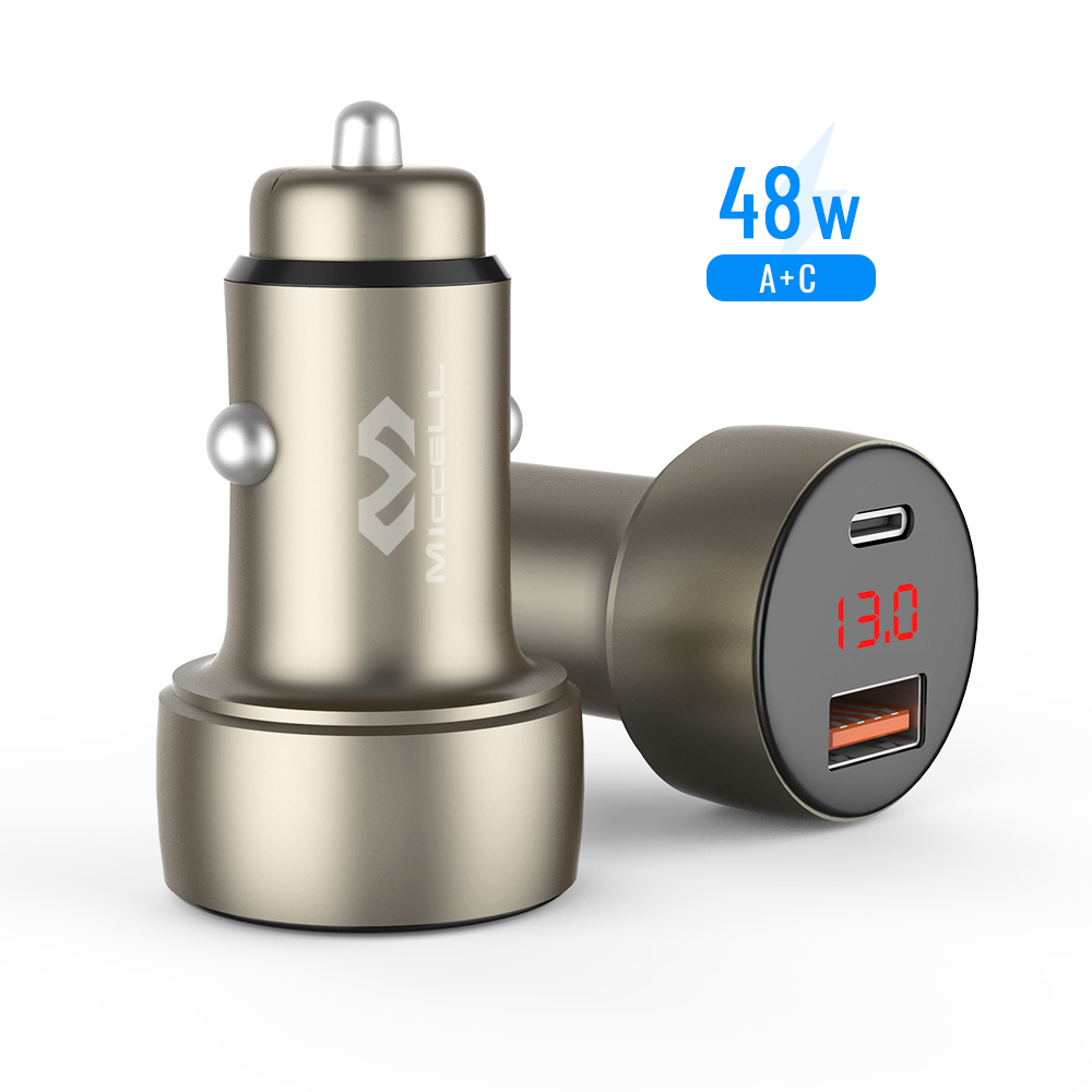 Miccell 30w pd fast charger QC 18W Aluminum alloy usb c car charger with Smart cooling IC chip PD 48W car phone charger