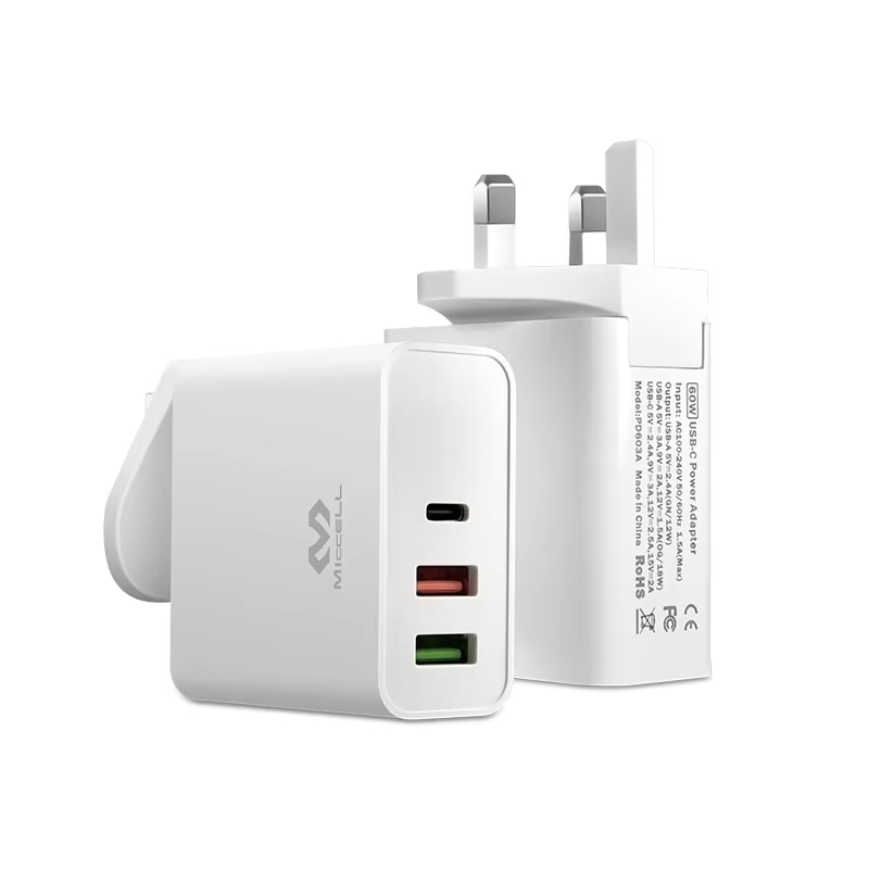 MICCELL 60W PD QC3.0 wall charger for laptop detachable plug multiple 3 port travel fast charger 60w usb c pd charger for apple