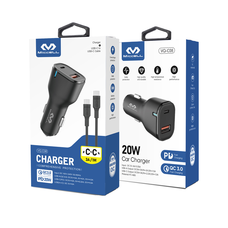 MICCELL led usb c pd 20w qc3.0 car charger usb qc pd auto car charger fast charging with cable packing for iphone 13 pro max