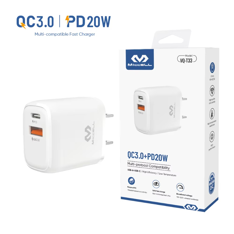 Miccell Mobile phone accessories 20w pd charger small portable charger type c fast charging usb wall charger for iphone