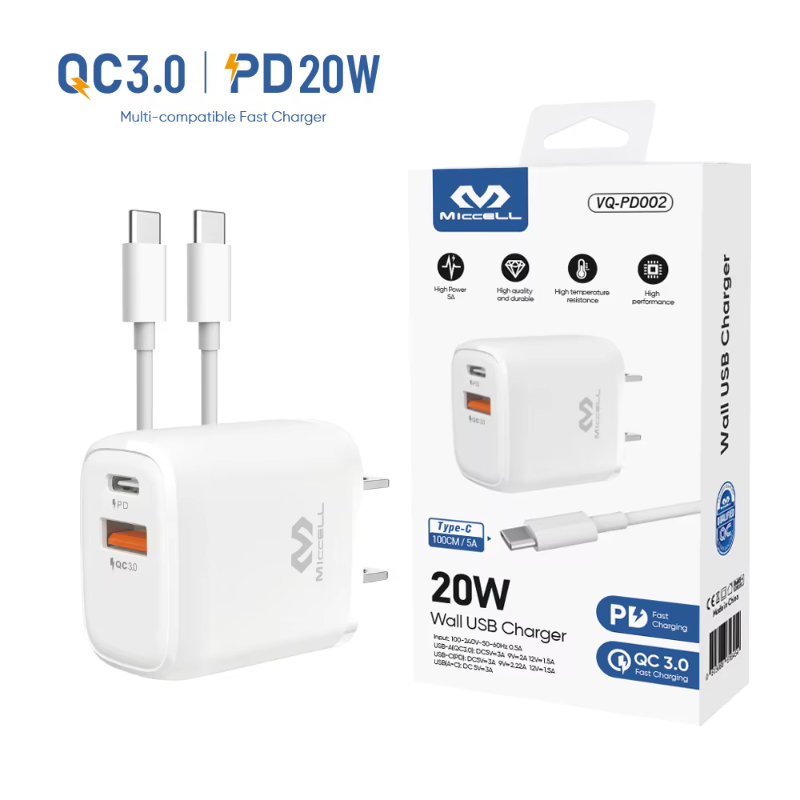 Miccell PD 20w Fast wall charger EU US Plug usb charger with cable type c android phone charger adapter