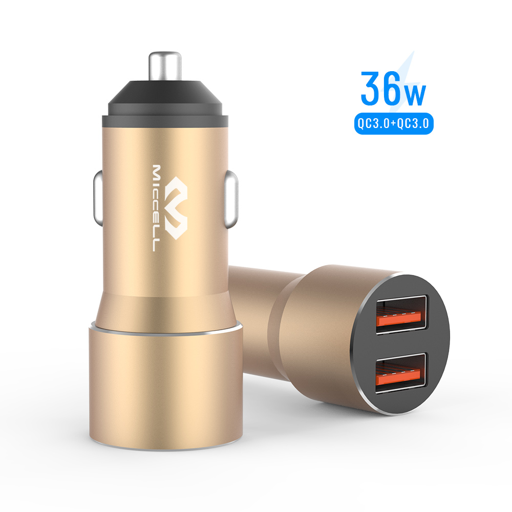 Miccell Portable fast usb car charger QC3.0 dual usb car charger fast charging 36W Aluminum alloy mobile phone car charger