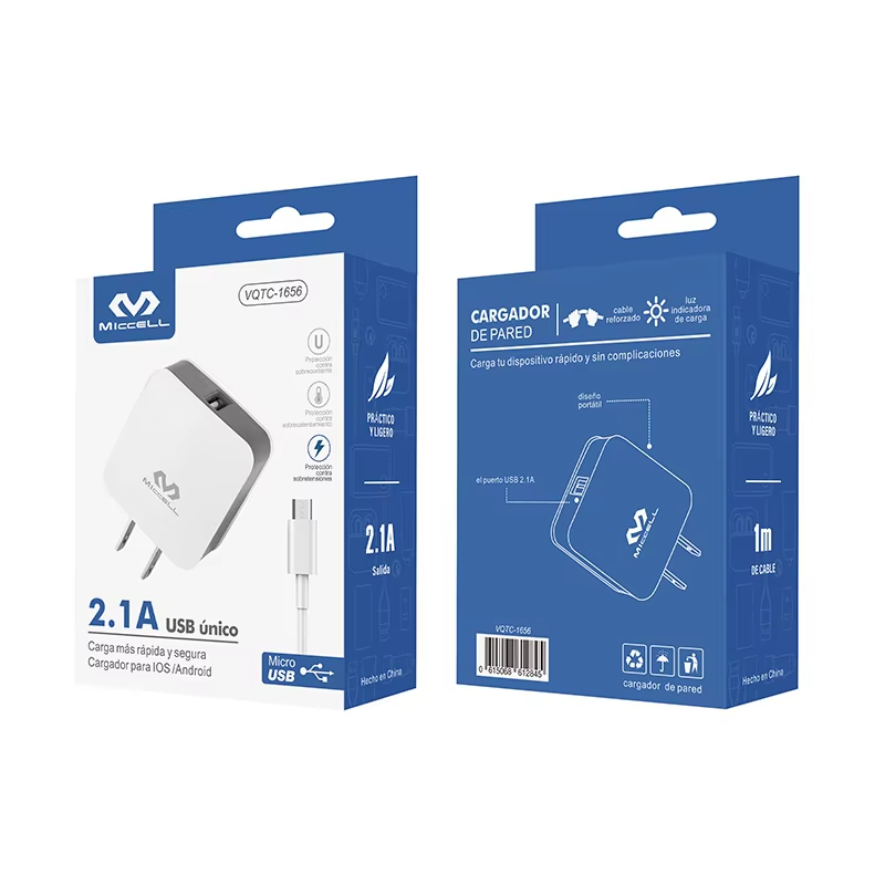 MICCELL usb charger adapter portable 1 port v8 micro 5v 2.1a usb charger with cable for mobile phone