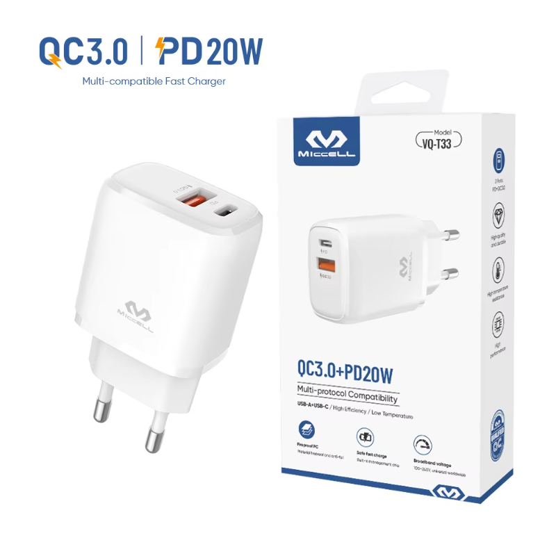 Miccell USB Type C Charger 20W EU US UK PD Fast Charger Power Adapter for iphone 11 12 13pro max