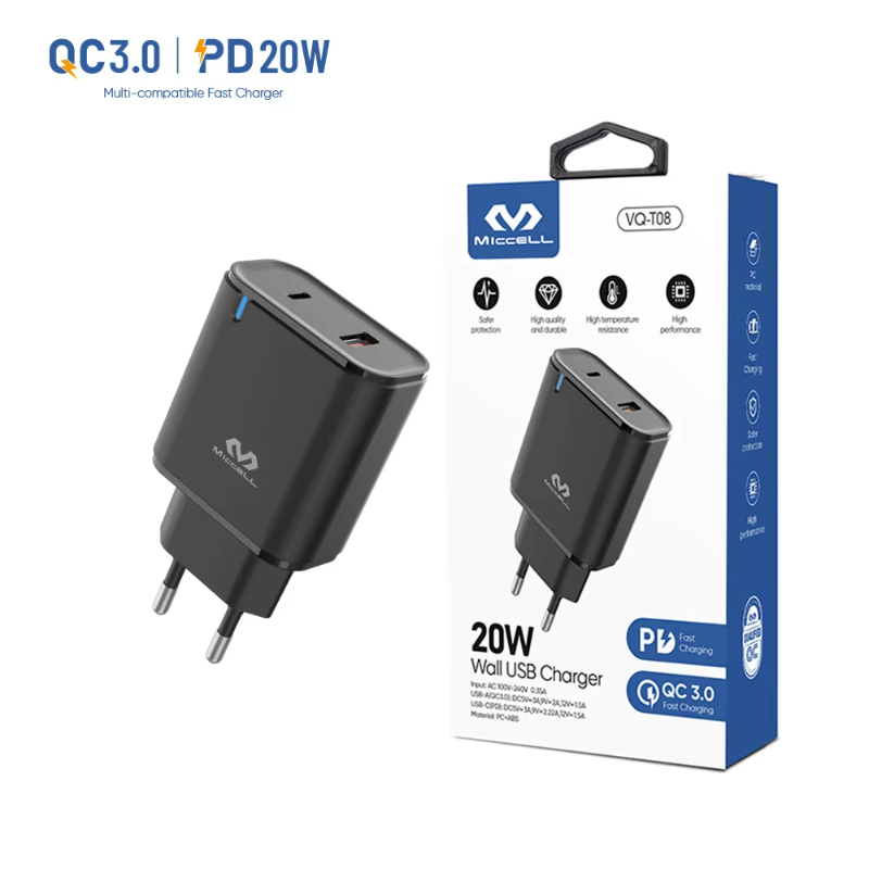 Miccell USB Wall Charger US EU UK Plug 20W PD Fast Charging usb charger Adapter For iPhone