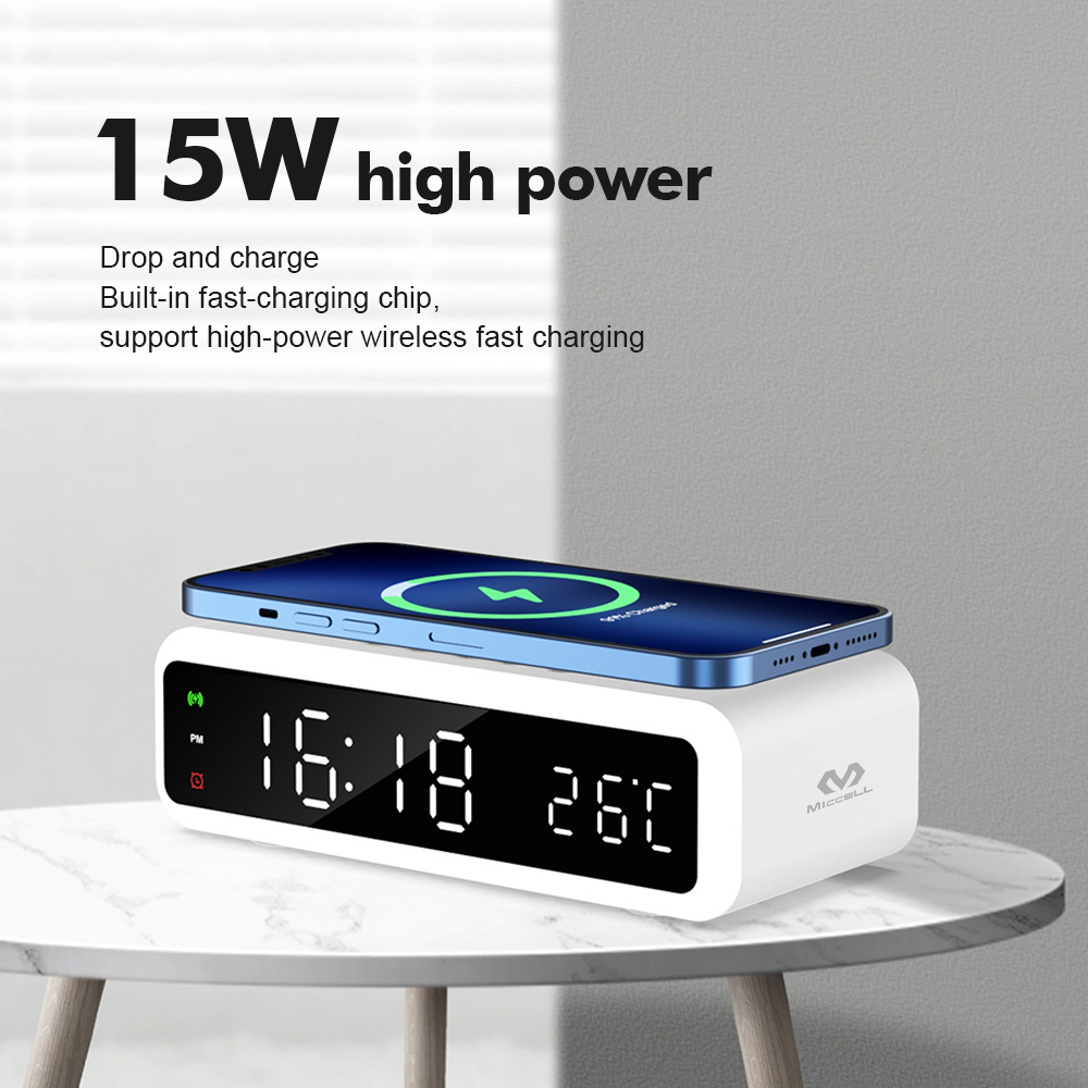 Multifunction wireless charger alarm clock digital led 15w qi fast charging 4 in 1 wood type c alarm clock wireless charger