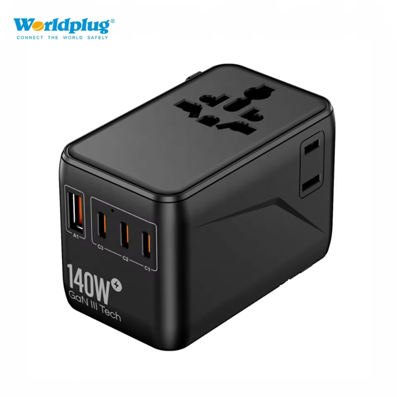 Worldplug 2AC Sockets 140W All Ports Fast Charger Travel Adaptor Universal World International PD Travel Adapter
