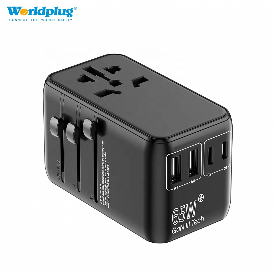 Worldplug 65W GaN Fast Charging Electric Adapter Plug Global Universal Travel Power Adaptor with Charging Cable