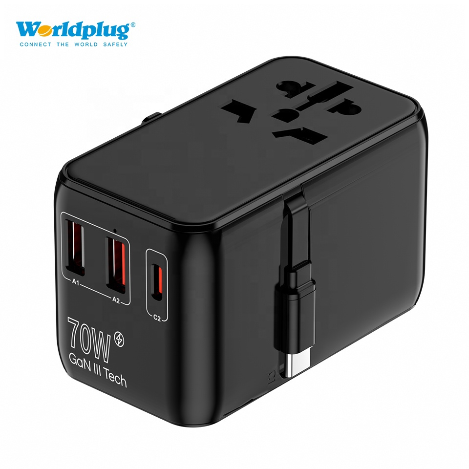 Worldplug 70W GaN Multi Port Fast Charger Plug Adaptor Universal Travel Plug Electric Adapter with Cable