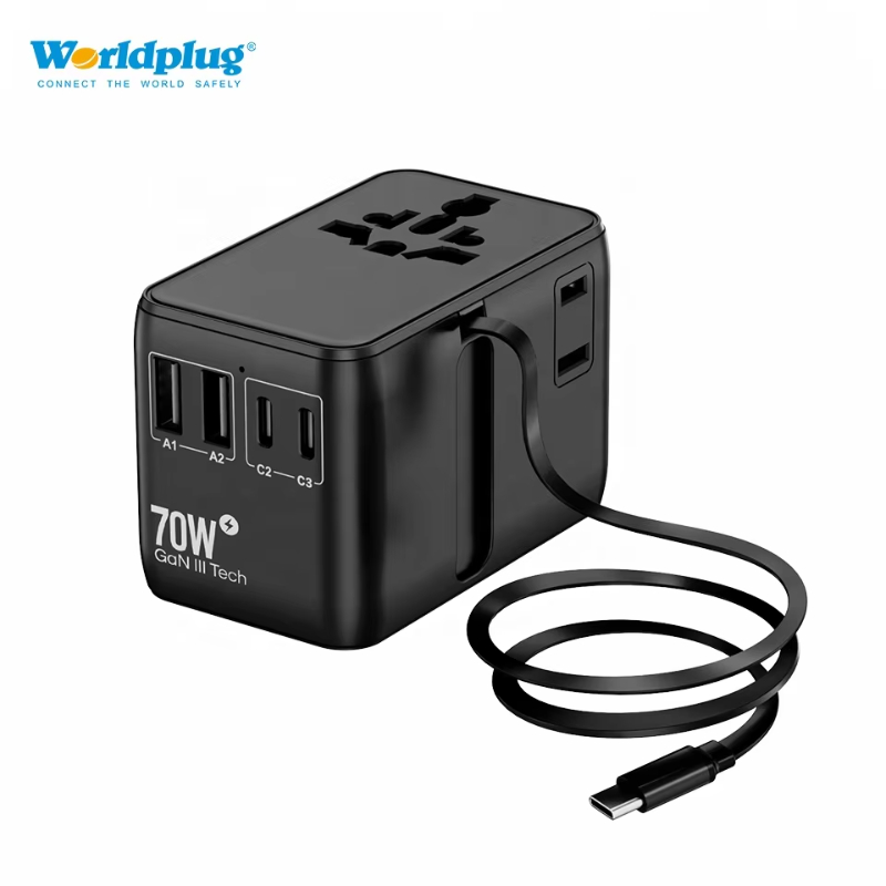 Worldplug 70W Type C Worldwide Travel Power Charger Adaptor Universal International Travel Adapter with Fast Charge Cable