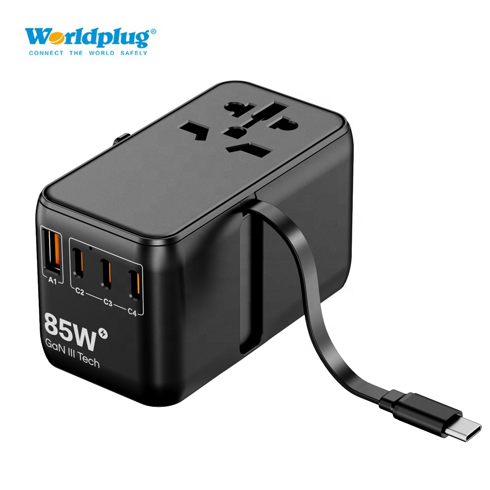 Worldplug All Ports Fast Charge Wall Power Charger GaN 85W Type C Universal Travel Plug Adapter with Retractable Cable