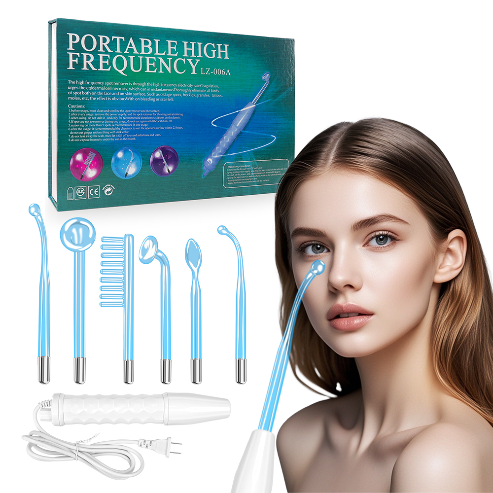 Home Spa Beauty Device Facial Therapy Wand 4 In 1 High Frequency Electrode Red/Blue Light Therapy Wand Electrotherapy Glass Tube