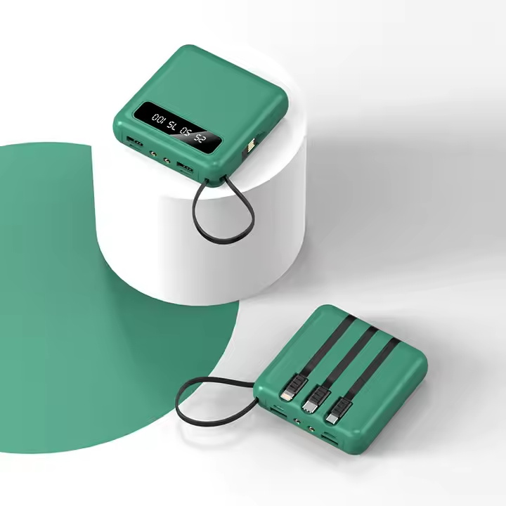 Small Screen 10000mah Power Bank With 4 cables With Led Light Custom Logo Built-in-cable Power Bank