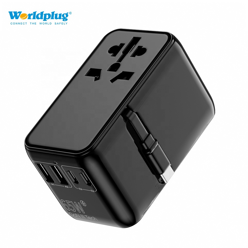 Worldplug International Plugs & Sockets Multifunction PD 65W GaN Universal Travel Adapter Fast Charger with Cable