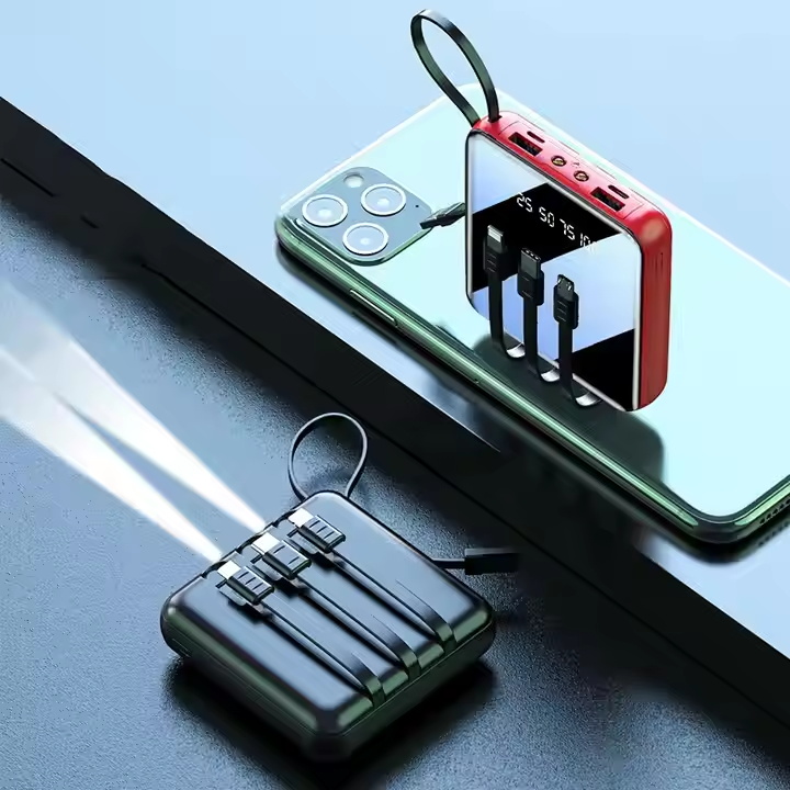 Built-in Cables 10000mah Power Bank Fast Charge Portable Universal Powerbank LED Light Type C Android