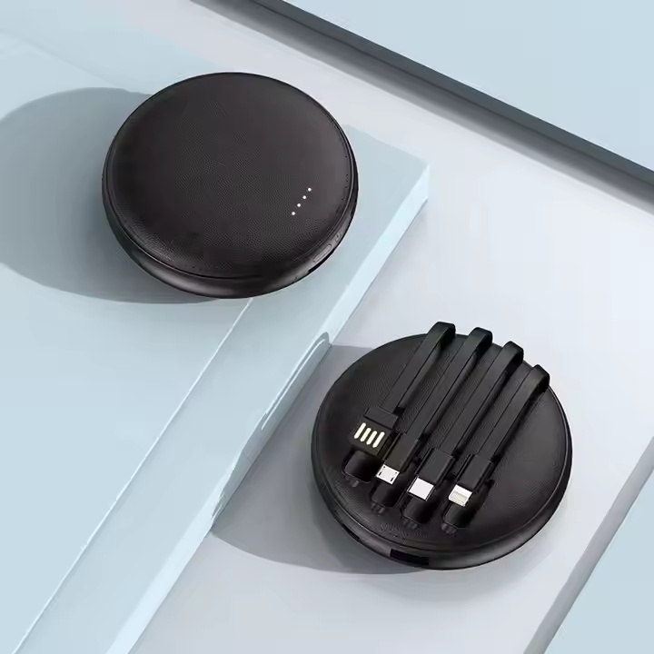 Round Shape Built-in Cable Portable Charger Mobile Powerbank 10000 Mah 10000mah Small Power Bank