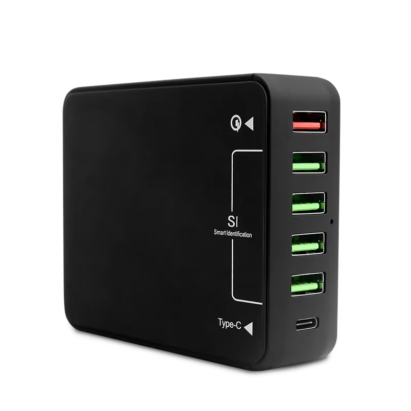 60W Portable Multi Travel Power Adapter Charger Wall Charging Station 6 Port Usb Type C For Mobile Phone