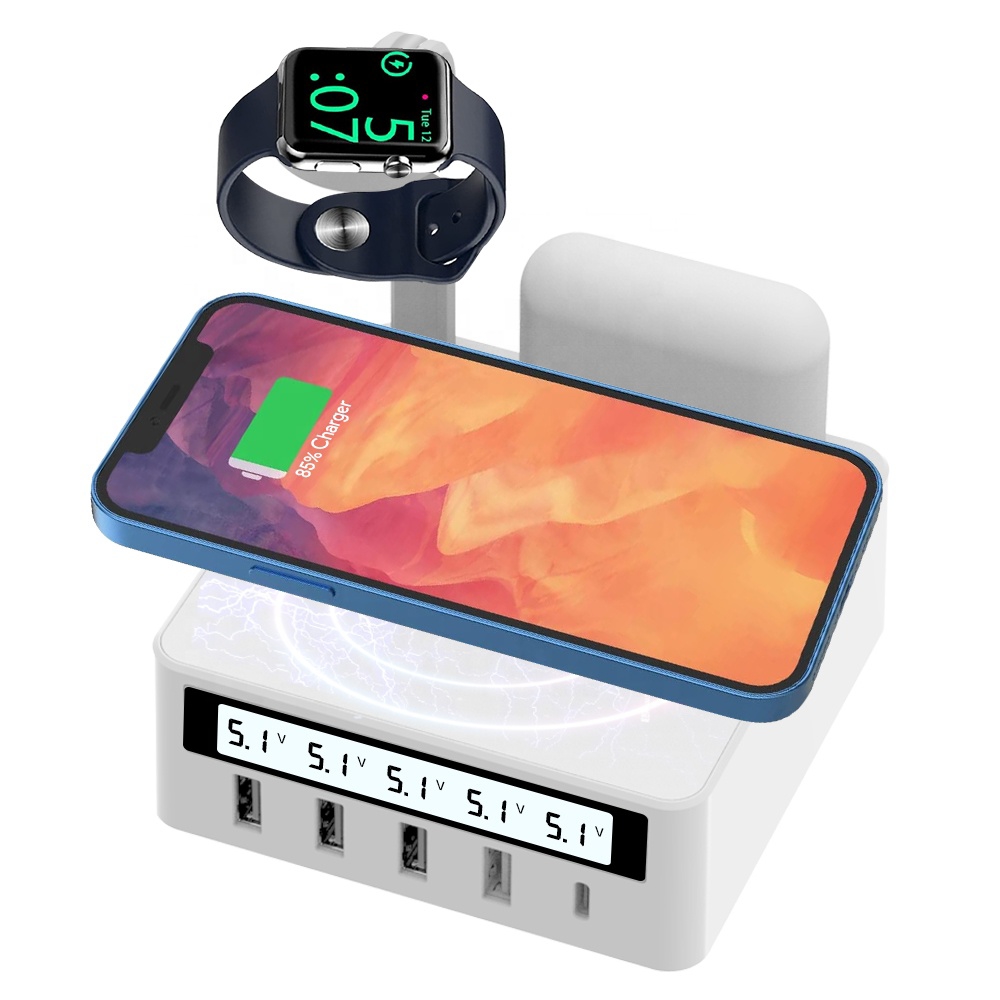 70W 5-Port Desktop Multiple USB Wireless Charging Station with PD Port LCD Digital Display Fast Charger for iPhone for iwatch
