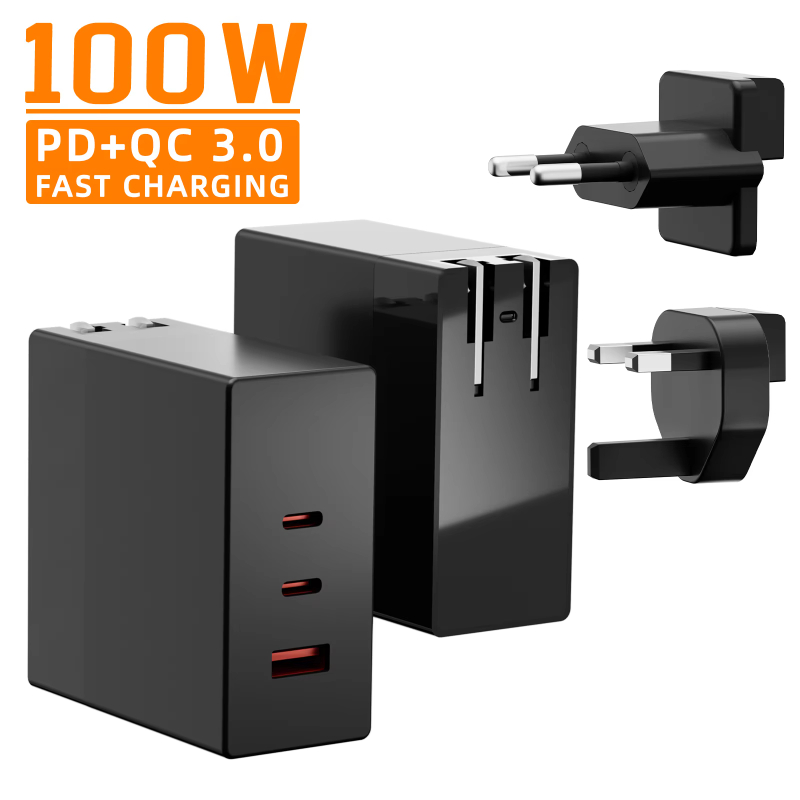 Wholesale Foldable 100W USB C + USB A Charger Block GaN 3 Port Fast Compact Wall Charger for MacBook