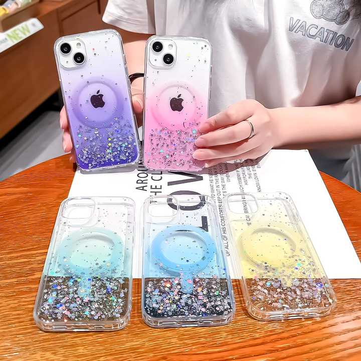 Luxury Wireless Charging Magnetic Glitter Transparent Phone Case For iPhone 11 12 13 14 15 16 Pro Max XS X XR 7 8 Plus Mini