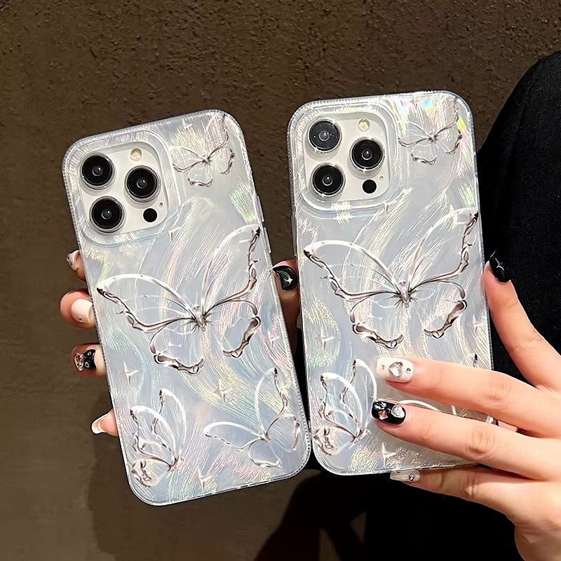 For iPhone 14 13 15 16 Pro Max Case Luxury Laser Silver Butterfly Phone Case for iPhone 11 12 Pro Max XS XR 7 8 14 15 Plus Case