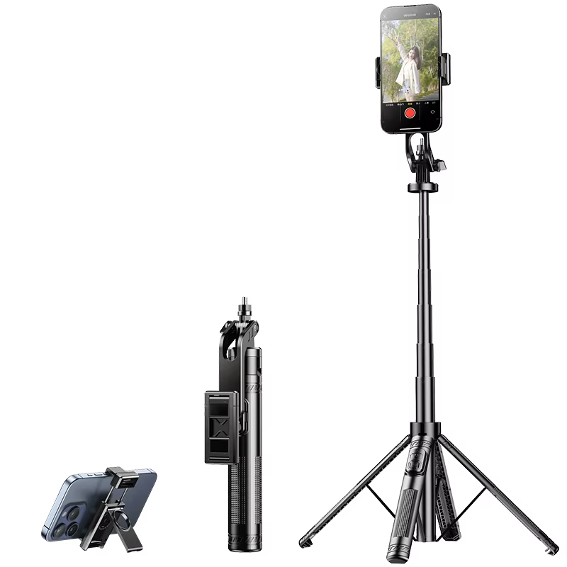 Popular Stainless Steel Quadripod Portable Tripod Selfie Stick with Rechargeable Remote Control Compatible Smartphones GoPro