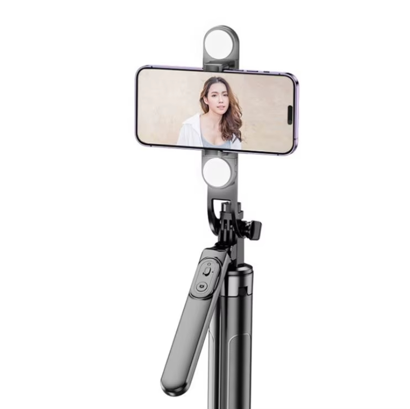 The mobile tripod with double fill light can be connected to the Bluetooth remote control to take photos and shoot live videos