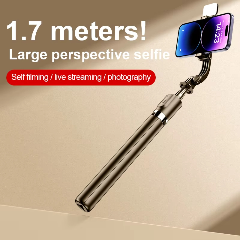 Portable_Professional 360 Degree Rotating Thin Wireless Remote Control Stainless Steel Selfie Stick with Fill Light
