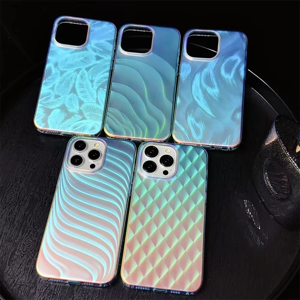 Aurora Gradient Colorful Case for iPhone 15 14 16 Pro Max 13 12 Ripple Laser Feather Shockproof Acrylic Cover for iPhone 15 Pro