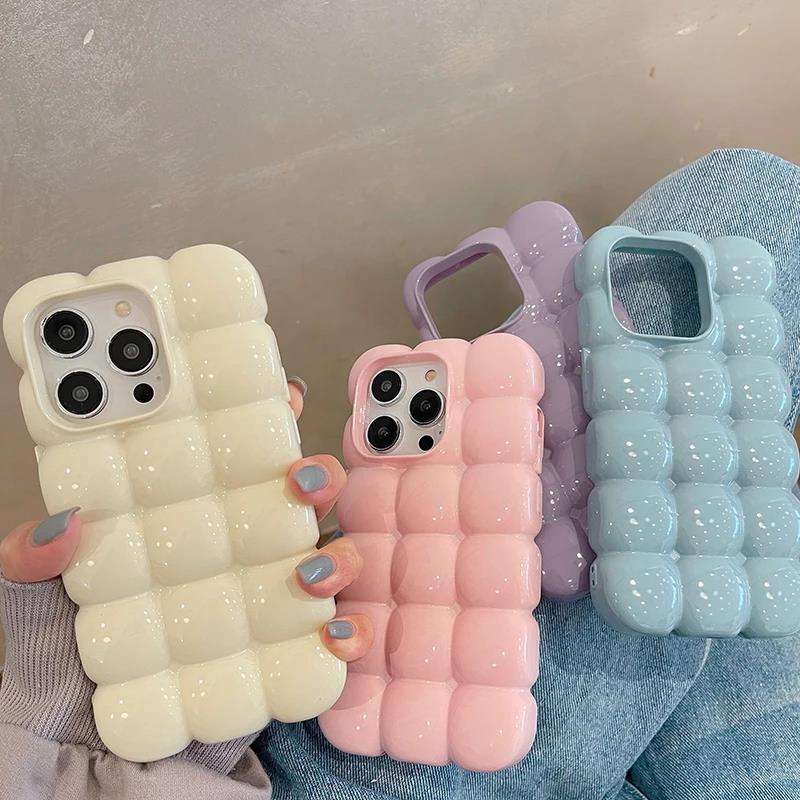 Cute Fashion Candy Color Bread Chocolate Block 3D Phone Case For iPhone 14 13 12 11 15 16 Pro Max Glossy Protective Cover