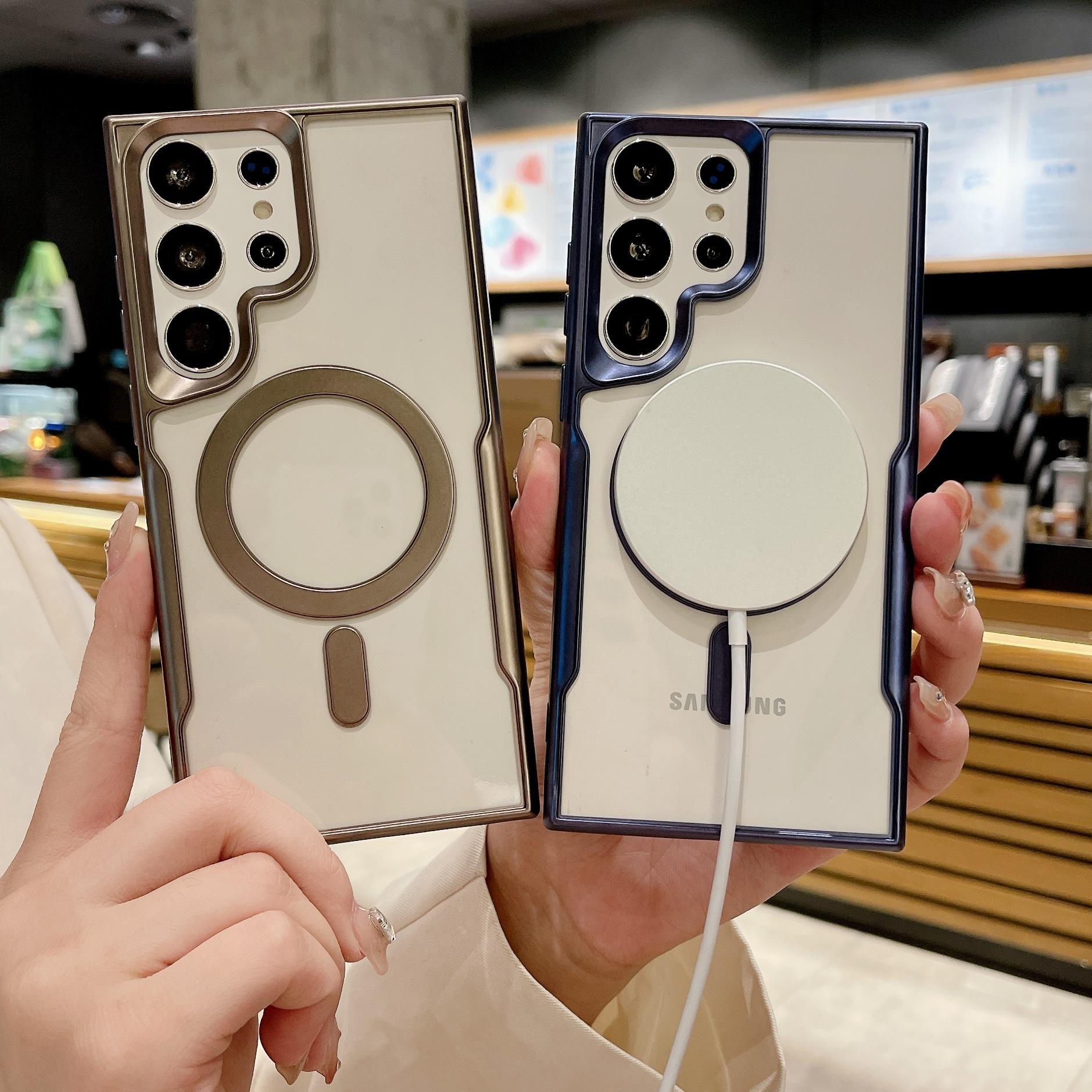 Wireless Charge Magnetic Phone Case For Samsung Galaxy S24 S23 S22 Ultra Plus Luxury Electroplated Shockproof Bumper Armor Cover