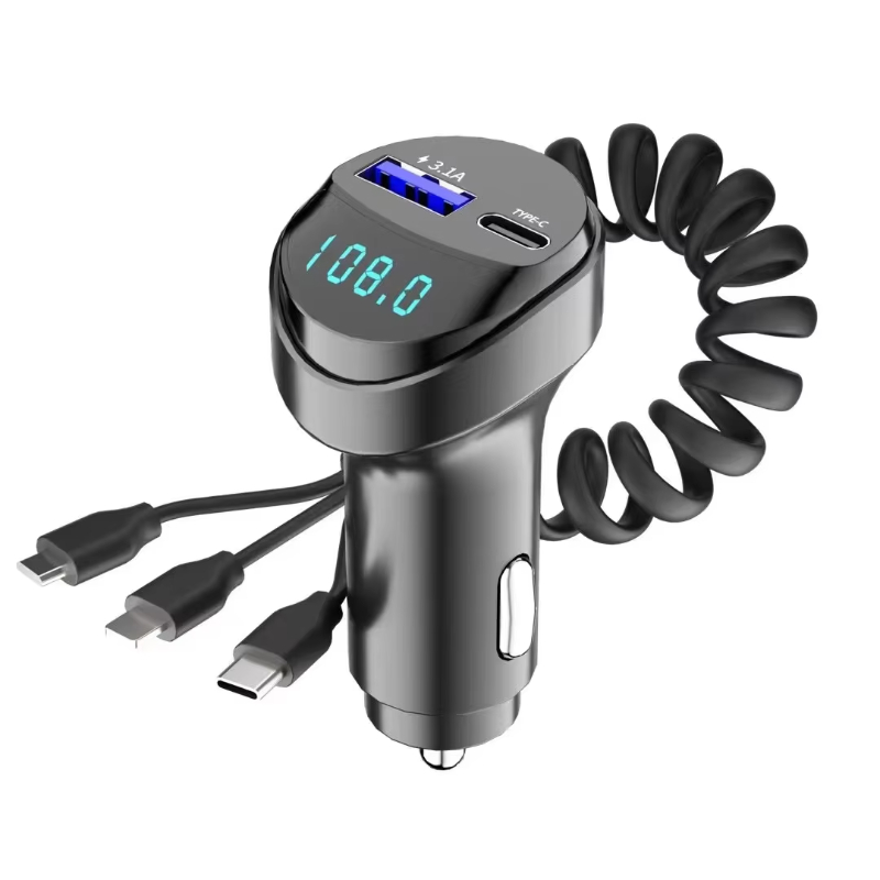 Car Charger One for Three 3.1A Type C with Voltage Display 3 in 1 Mobile Phone Charger