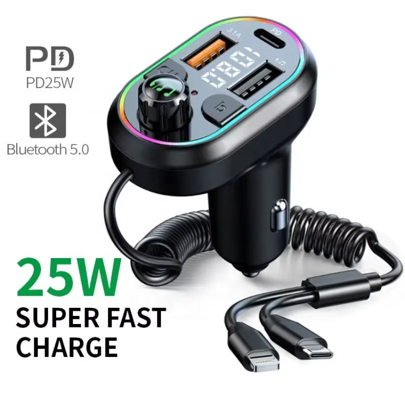 Car mounted one to three data cable 3.1A mobile phone charger PD22W fast charging BT5.0 car Bluetooth MP3 player FM transmitter