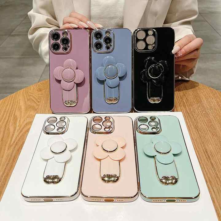 Luxury Rotating Flower Tie Rod Stand Phone Case For iPhone 11 12 13 14 15 Pro XS Max 7 8 14 15 Plus XR Gold Plated Phone Cover