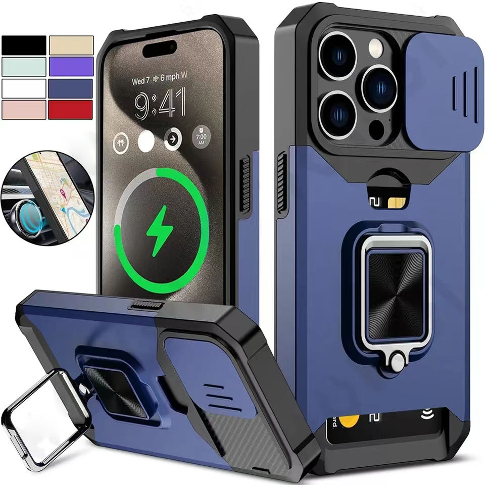 Phone Case For iPhone 15 14 13 12 11 Pro Max Slide Camera Card Holder Heavy Protective Ring Magnetic Kickstand Armor Cover