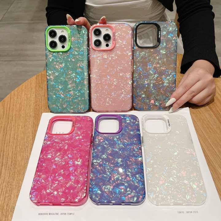 New Luxury Glitter Dream Shell Marble Soft Phone Case For iPhone 15 14 Plus 13 12 11 Pro Max Conch Pattern Hard Back Cover Case