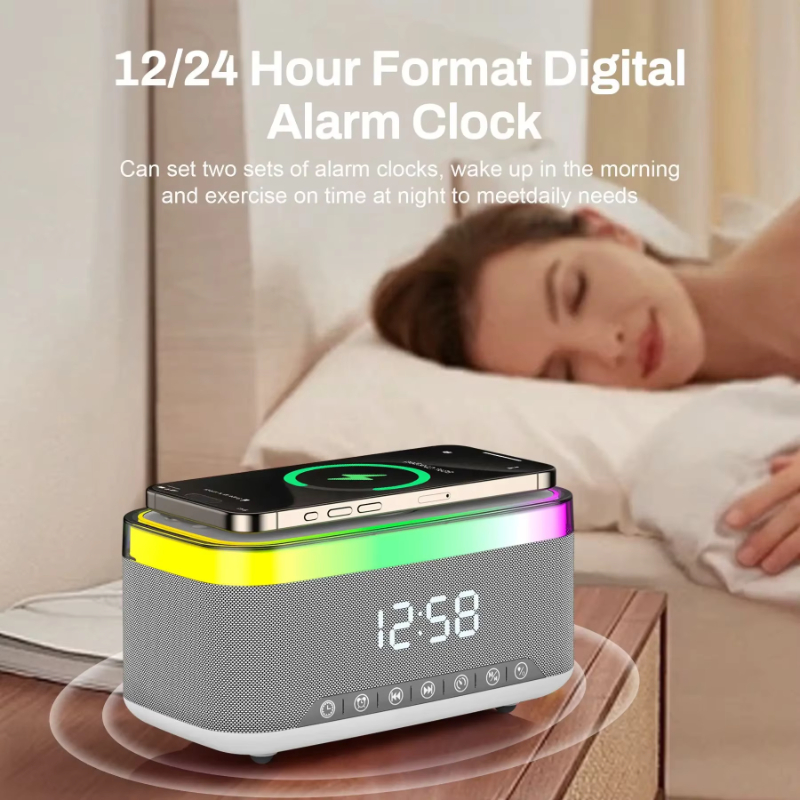 Professional Classic Mini Wireless clock Speaker Portable with RGB Lighting Wireless charging and Long Battery Life for Outdoor