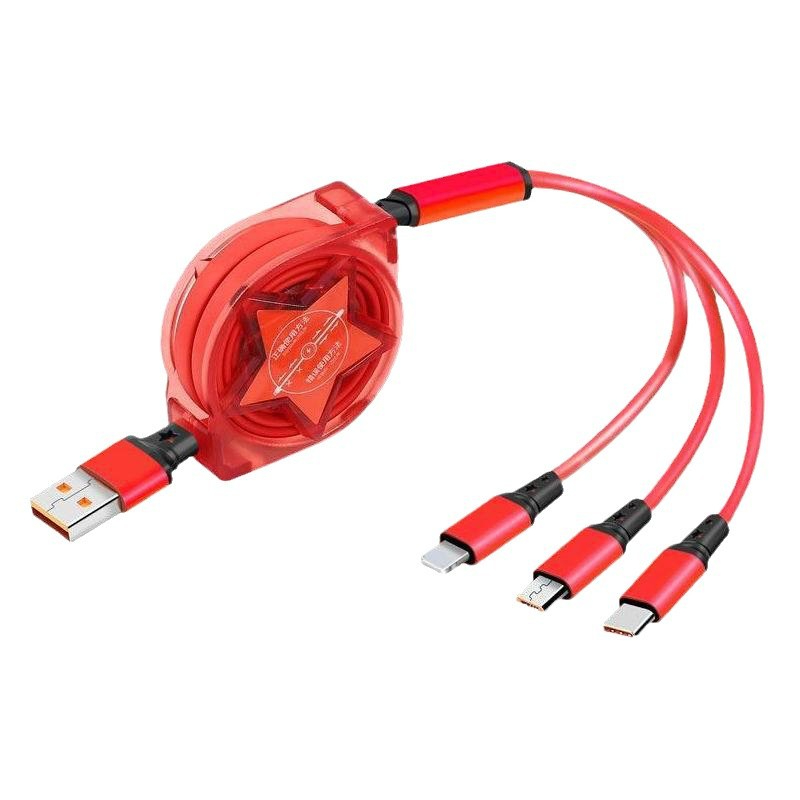 Red, five stars, three retractable cables, three data cables, USB retractable cable, three-in-one retractable cable for mobile p