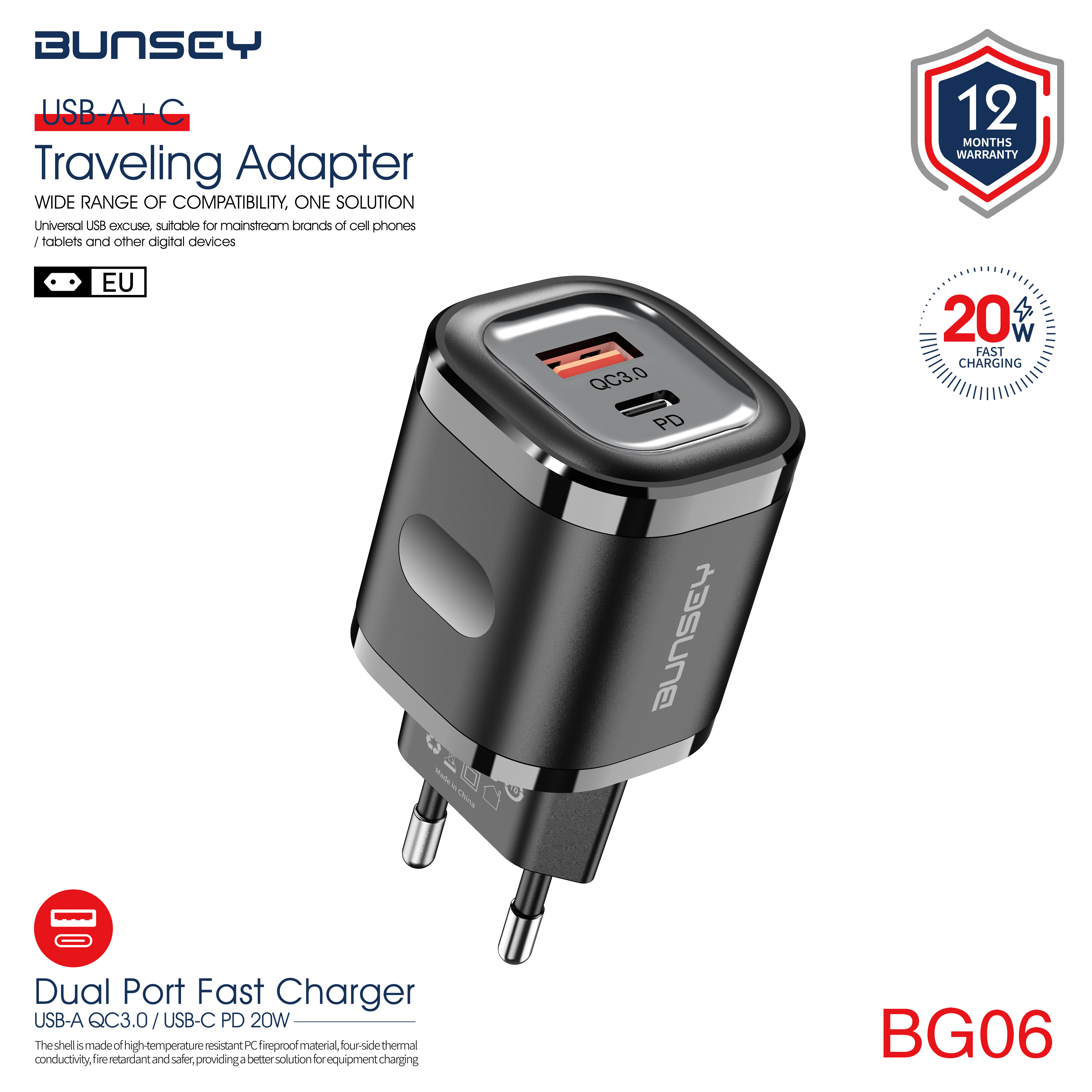 Dual Port Fast Charger USB-A QC3.0 / USB-C PD 20W BG-06
