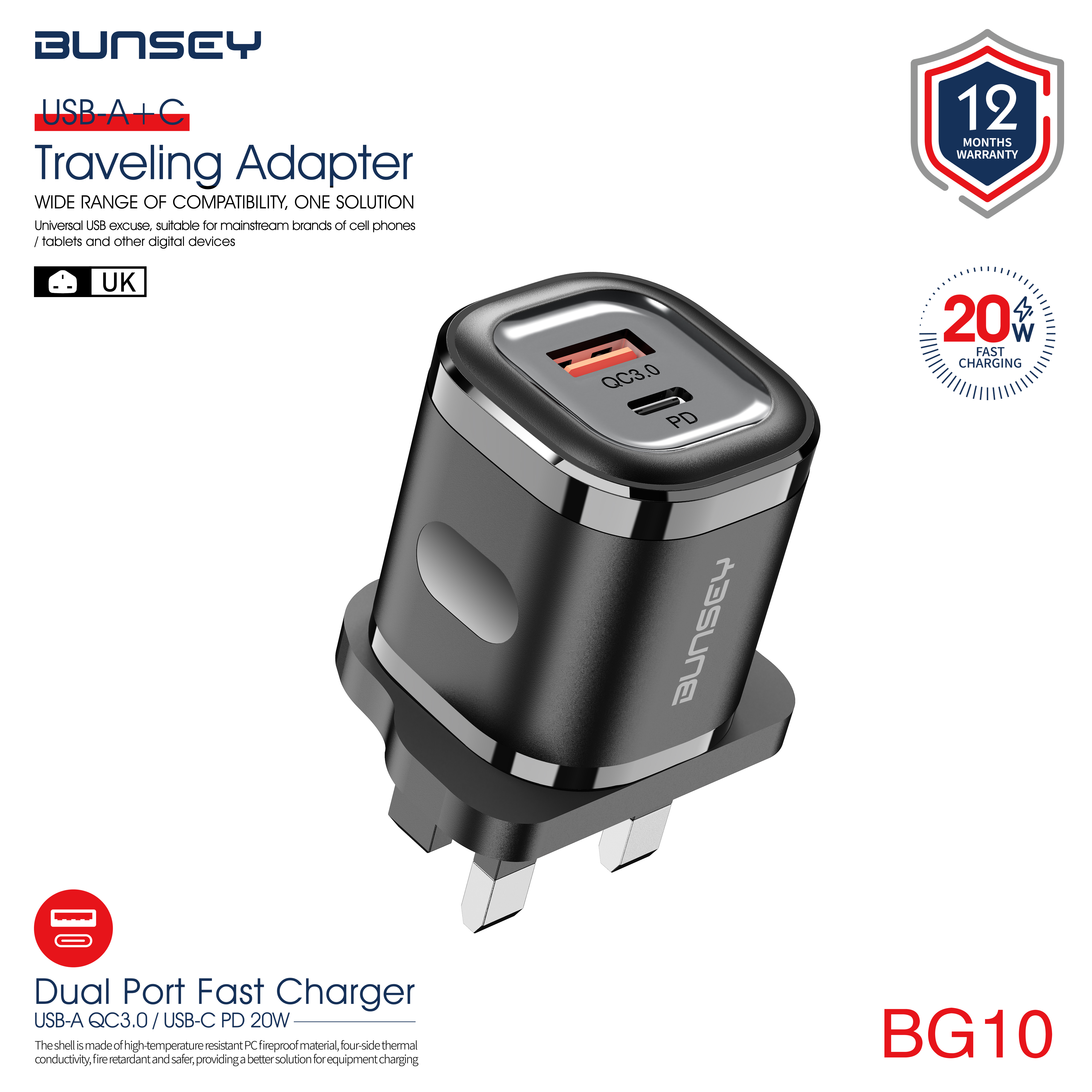 Dual Port Fast ChargerUSB-A QC3.0 / USB-C PD 20W  BG10