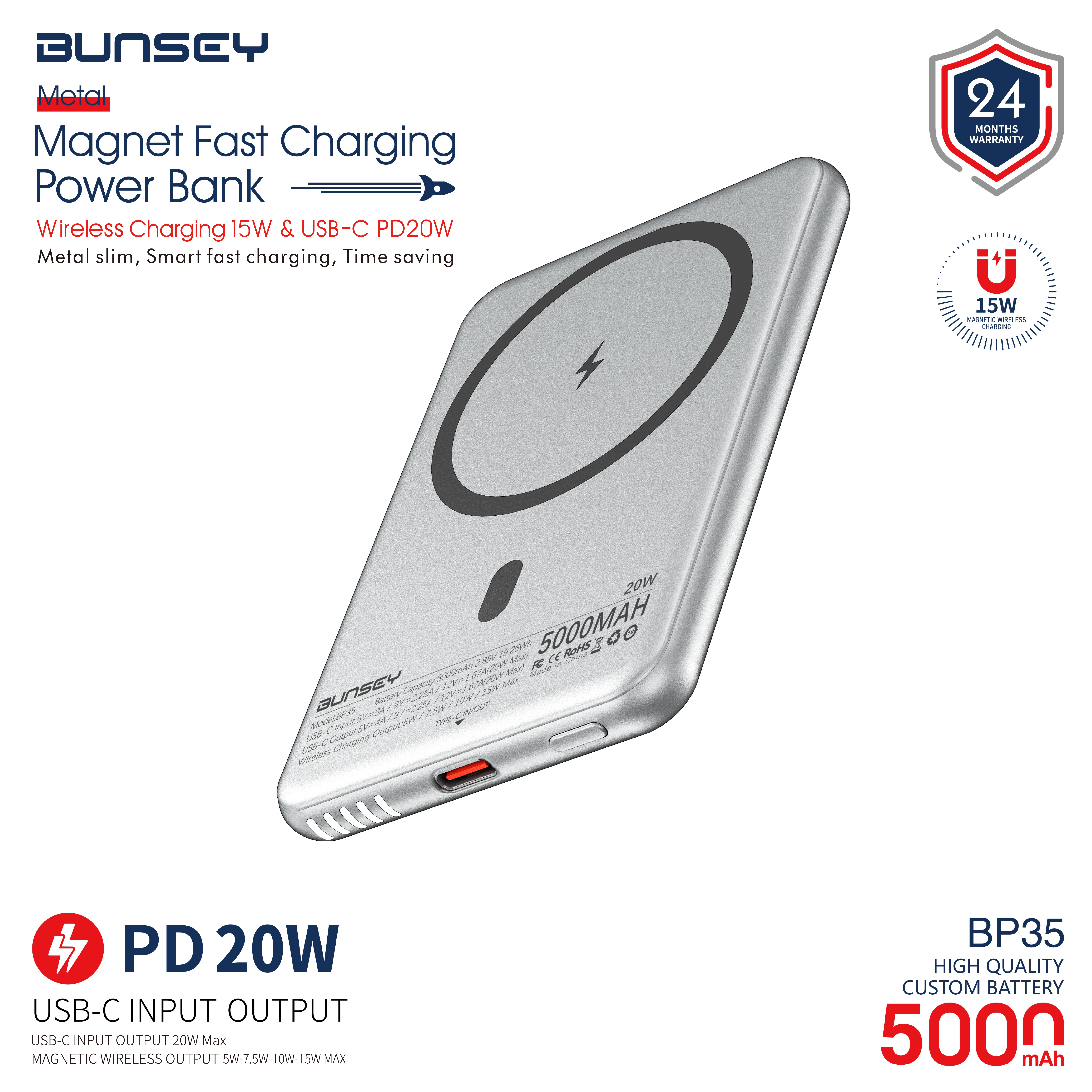 Magnet FastChargingPower Bank Wireless Charging 15W & USB-C PD20W BP35