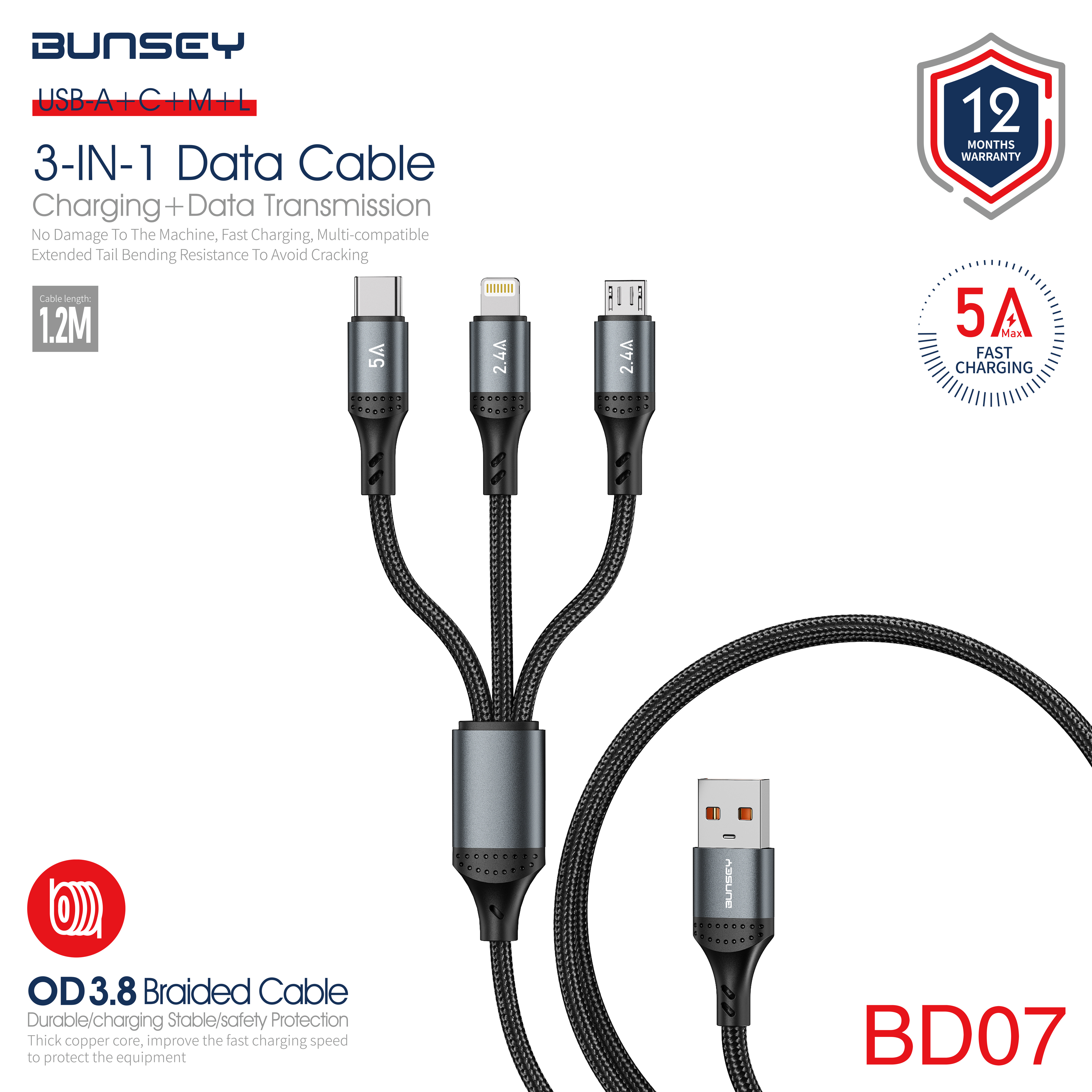 3-IN-1 Data Cable Charging+Data Transmission BD07