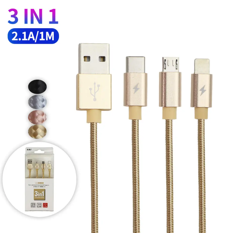 SD-050 3 In 1 USB Fast Charging Cable Type C Micro IOS Multi Charger Cable for iPhone Huawei Samsung Nylon Braided Cord