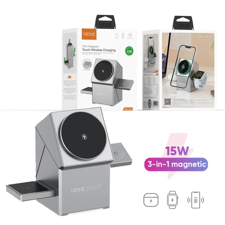 VIDVIE  WLC1421 3 in 1 Magnetic Wireless Foldable Rota Phone Charger