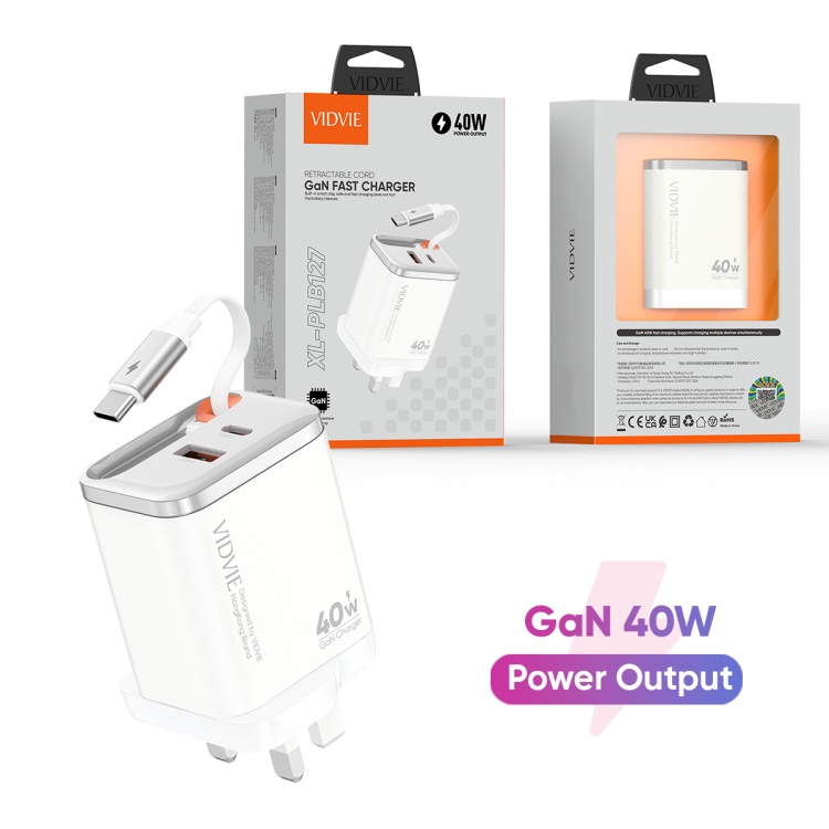 VIDVIE XL-PLB127 US Retratcable Cord GaN 40W Fast UK Chargers