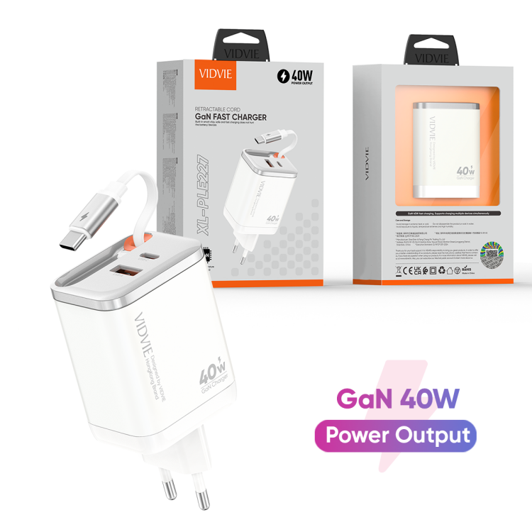 VIDVIE XL-PLE227 EU Retratcable Cord GaN 40W Fast EU Charger