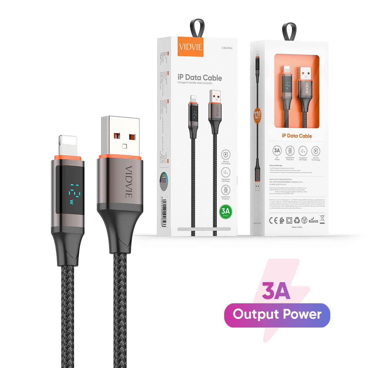 VIDVIE CB4036i Usb Lighting Data Cable with Led Display