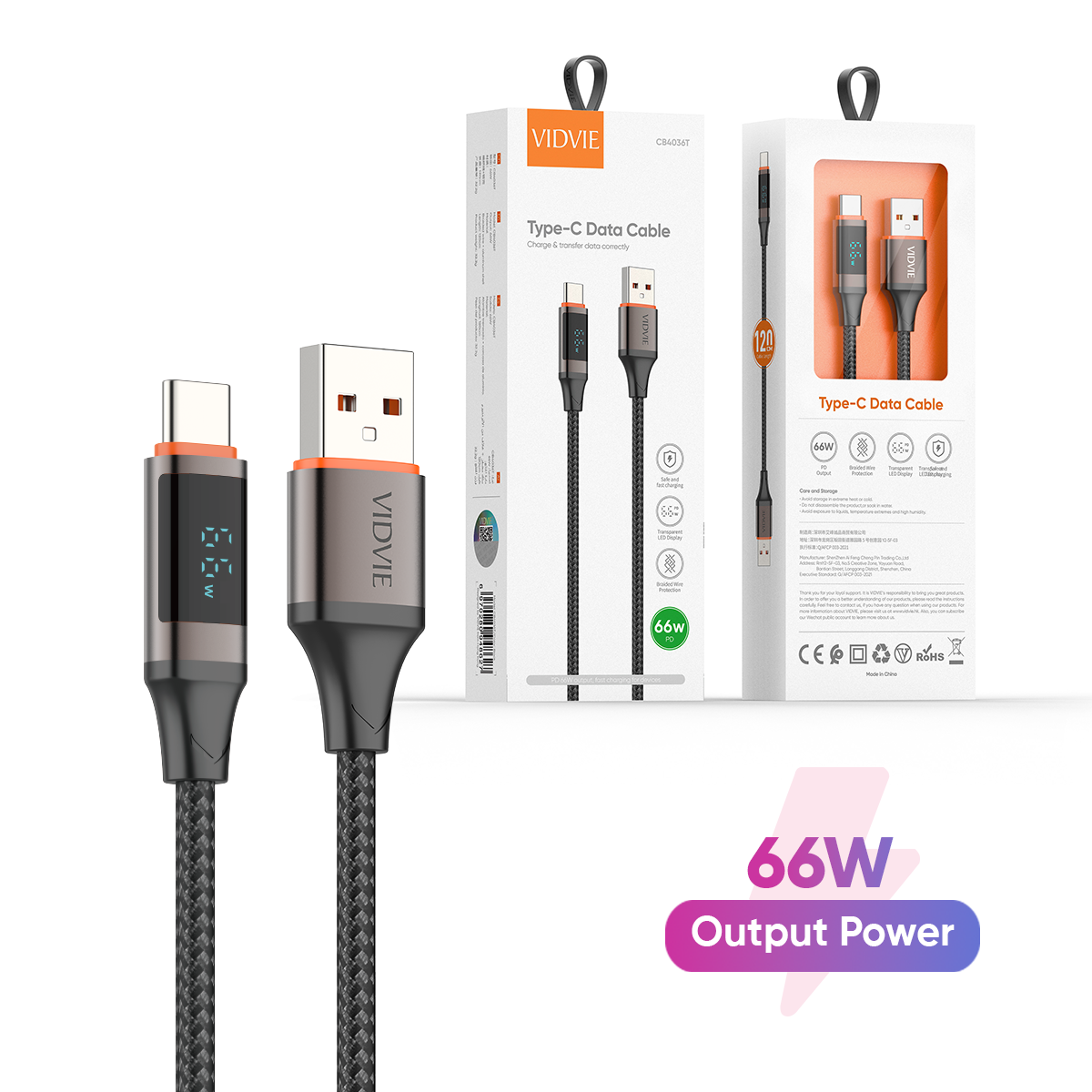 VIDVIE CB4036T Braided Wire Usb Type c Data Cable with Led Display